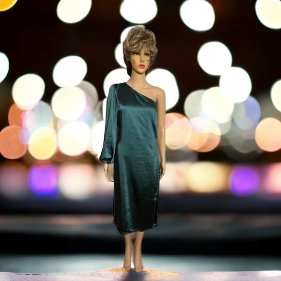 Skies Are Blue Hunter Green Satin One Shoulder Dress - Picture 3 of 7